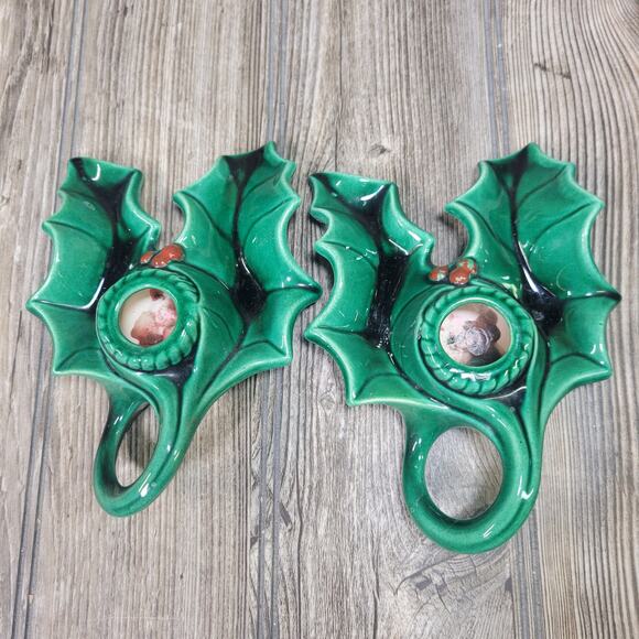 Vintage Holly Candle Holder, Ceramic Holland Mold, Christmas Candlestick - Picture 5 of 5
